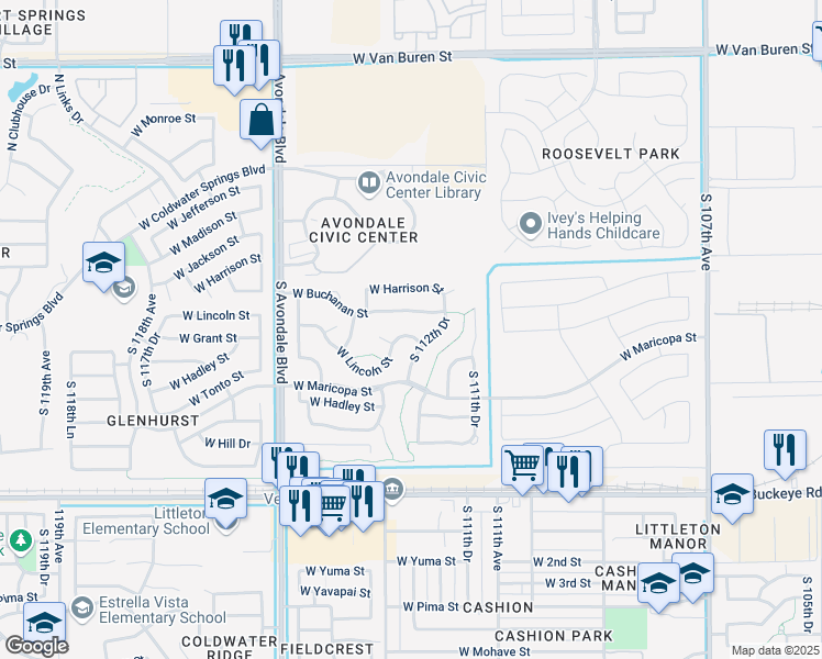 map of restaurants, bars, coffee shops, grocery stores, and more near 11258 West Lincoln Street in Avondale