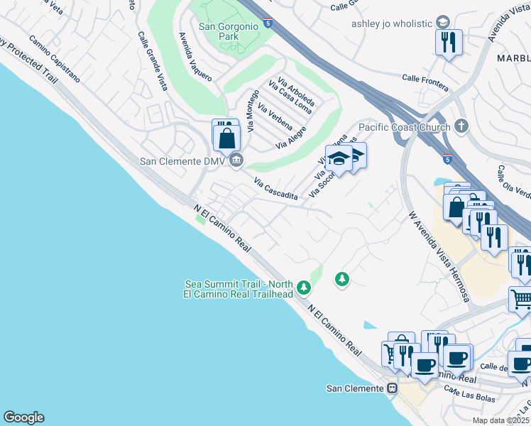 map of restaurants, bars, coffee shops, grocery stores, and more near 342 Camino San Clemente in San Clemente