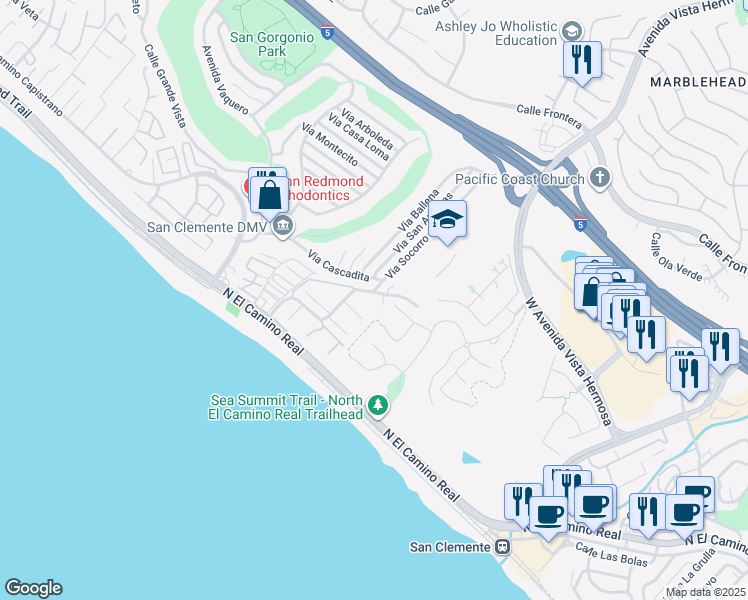 map of restaurants, bars, coffee shops, grocery stores, and more near 441 Camino San Clemente in San Clemente