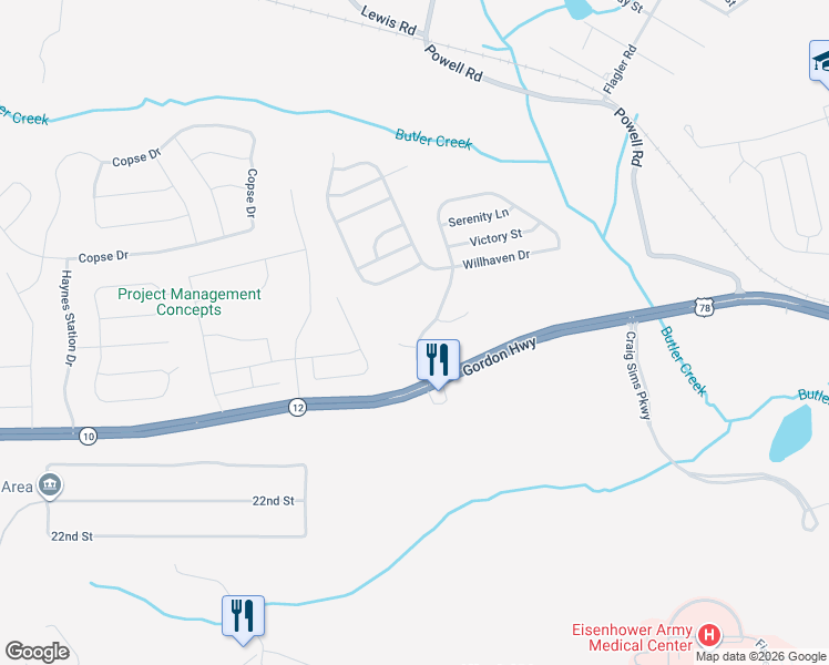 map of restaurants, bars, coffee shops, grocery stores, and more near 2019 Willhaven Drive in Augusta