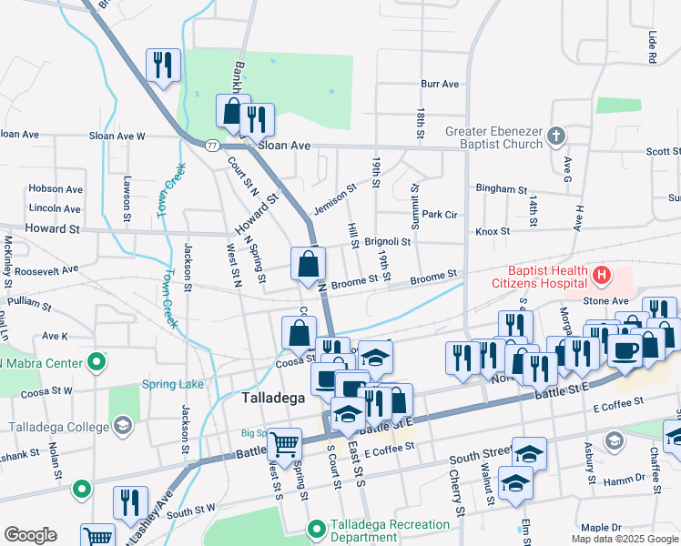 map of restaurants, bars, coffee shops, grocery stores, and more near 306 Percy Street in Talladega