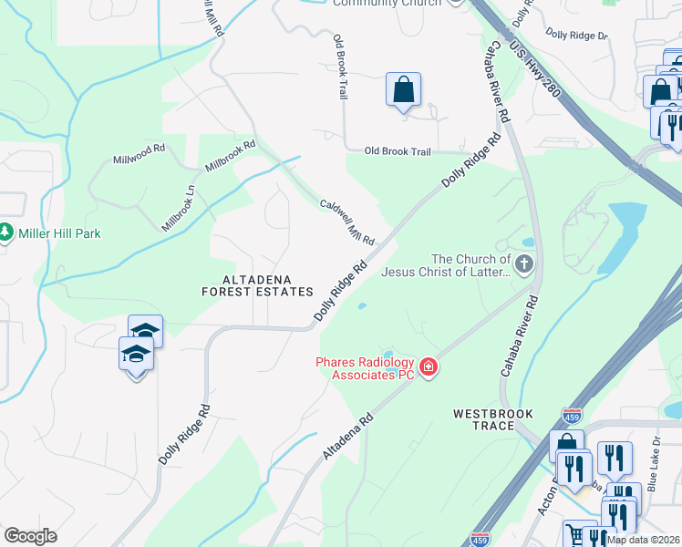 map of restaurants, bars, coffee shops, grocery stores, and more near 4612 Dolly Ridge Road in Vestavia Hills