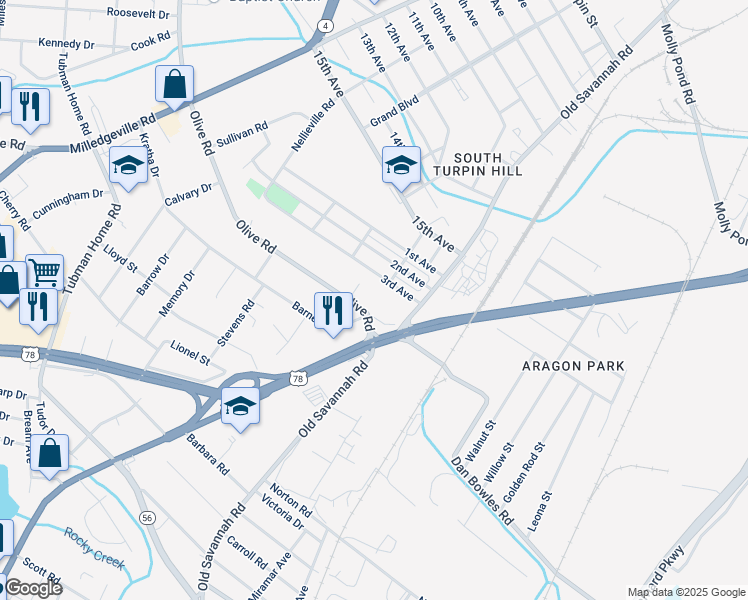 map of restaurants, bars, coffee shops, grocery stores, and more near 2052 Olive Road in Augusta
