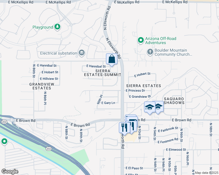 map of restaurants, bars, coffee shops, grocery stores, and more near 9111 East Halifax Street in Mesa
