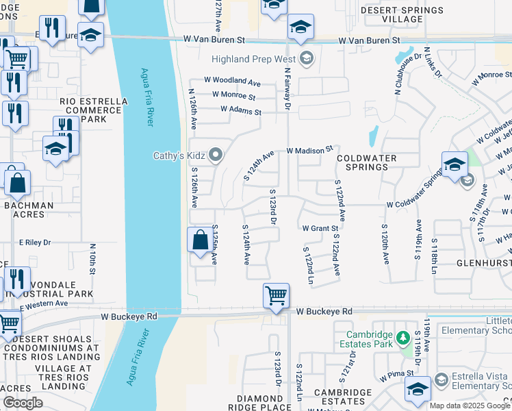 map of restaurants, bars, coffee shops, grocery stores, and more near 402 South 123rd Lane in Avondale