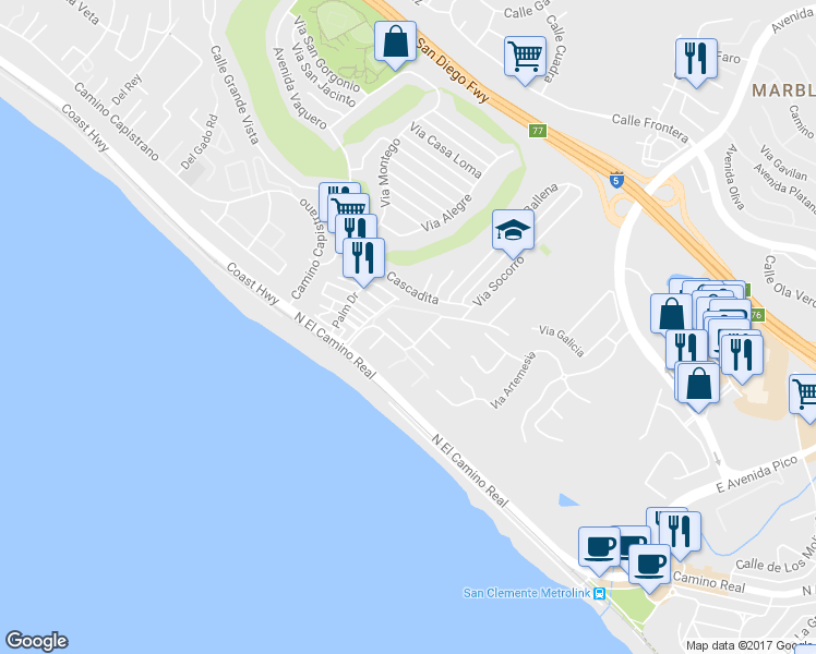 map of restaurants, bars, coffee shops, grocery stores, and more near 342 Camino San Clemente in San Clemente
