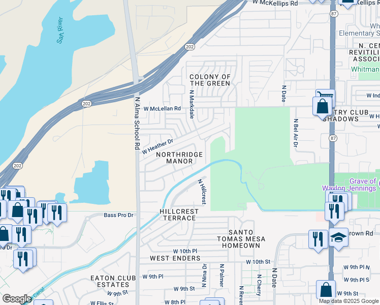 map of restaurants, bars, coffee shops, grocery stores, and more near 948 West Hackamore Street in Mesa