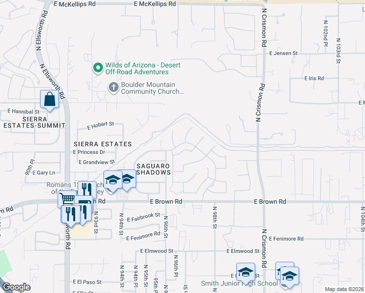 map of restaurants, bars, coffee shops, grocery stores, and more near East Princess Drive in Mesa