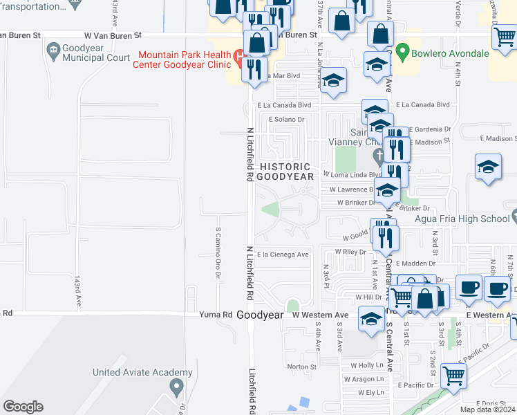 map of restaurants, bars, coffee shops, grocery stores, and more near 620 North Litchfield Road in Goodyear