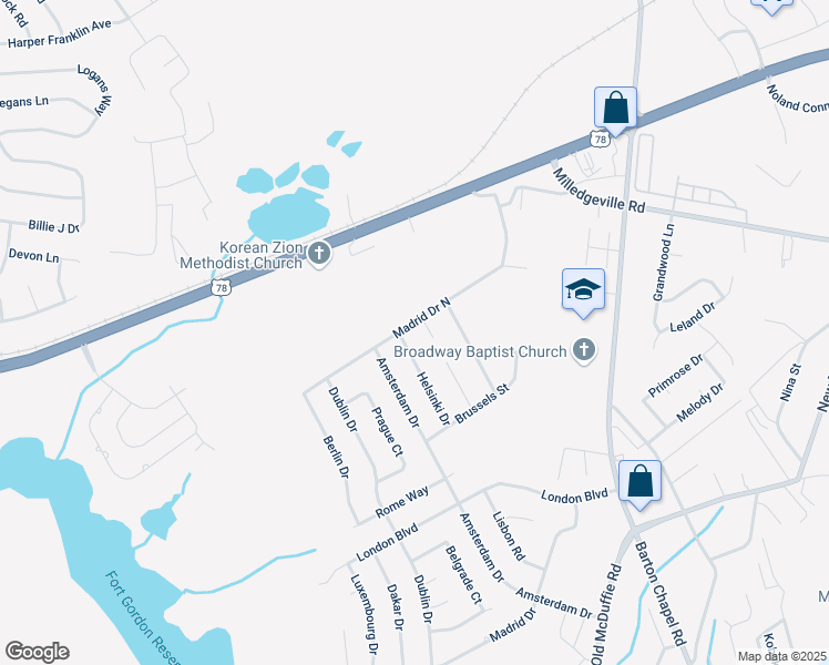 map of restaurants, bars, coffee shops, grocery stores, and more near 2336 Milan Court in Augusta