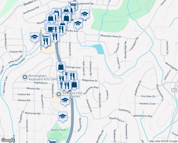 map of restaurants, bars, coffee shops, grocery stores, and more near 1004 Granbury Road in Vestavia Hills