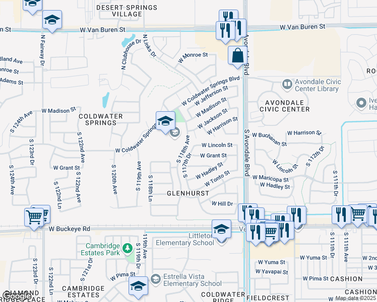 map of restaurants, bars, coffee shops, grocery stores, and more near 518 117th Drive in Avondale