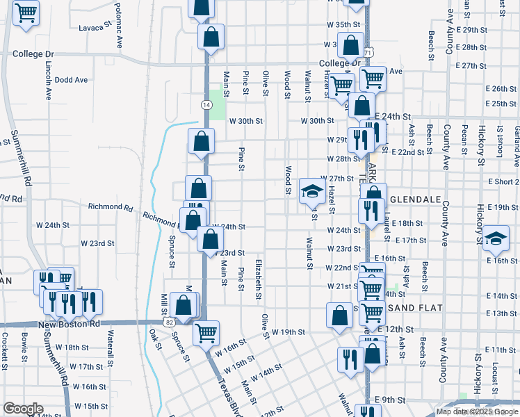map of restaurants, bars, coffee shops, grocery stores, and more near 2423 Olive Street in Texarkana