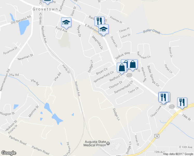 map of restaurants, bars, coffee shops, grocery stores, and more near 150 Summerfield Circle in Grovetown