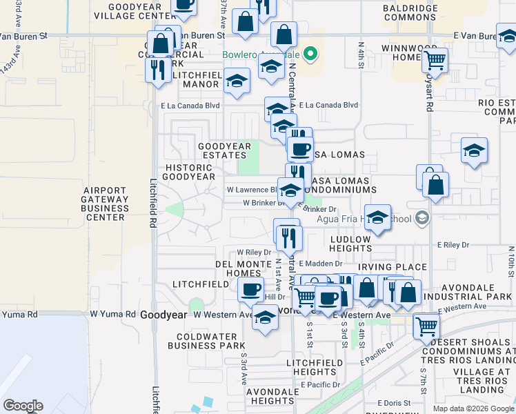map of restaurants, bars, coffee shops, grocery stores, and more near 201 West Brinker Drive in Avondale
