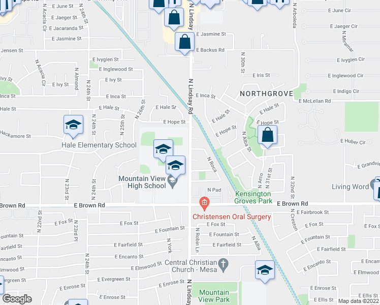 map of restaurants, bars, coffee shops, grocery stores, and more near North Lindsay Road in Mesa