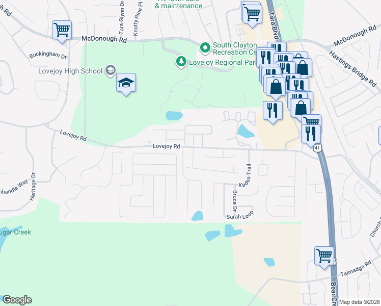 map of restaurants, bars, coffee shops, grocery stores, and more near 1798 Sandy Trail Drive in Hampton