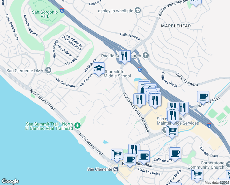 map of restaurants, bars, coffee shops, grocery stores, and more near 102 Via Galicia in San Clemente
