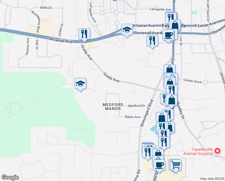 map of restaurants, bars, coffee shops, grocery stores, and more near 175 Walker Parkway in Fayetteville