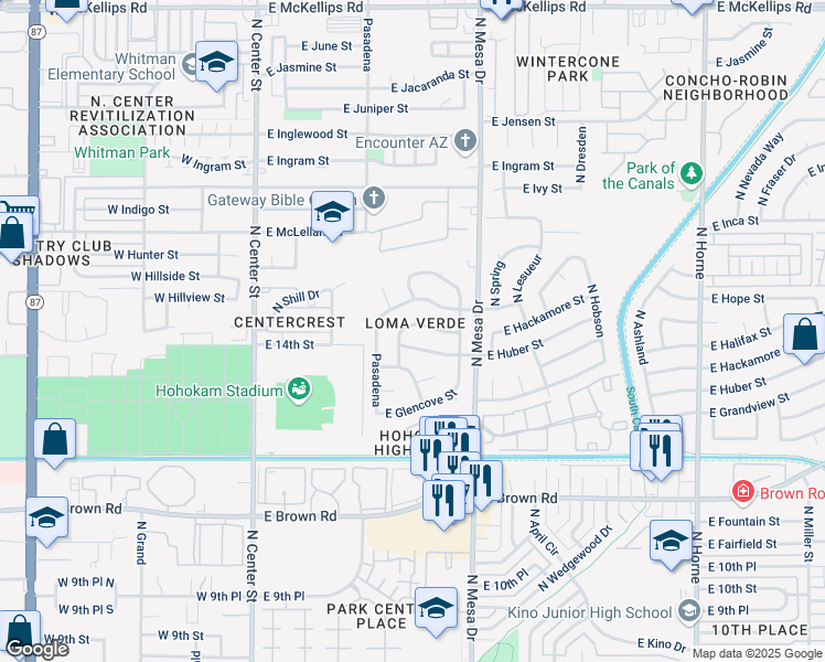 map of restaurants, bars, coffee shops, grocery stores, and more near 259 East Hackamore Street in Mesa