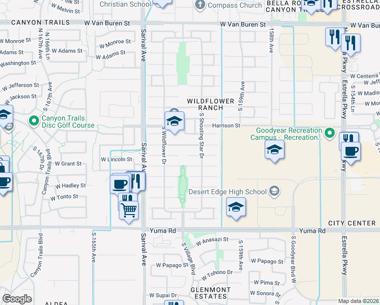 map of restaurants, bars, coffee shops, grocery stores, and more near 16128 West Lincoln Street in Goodyear