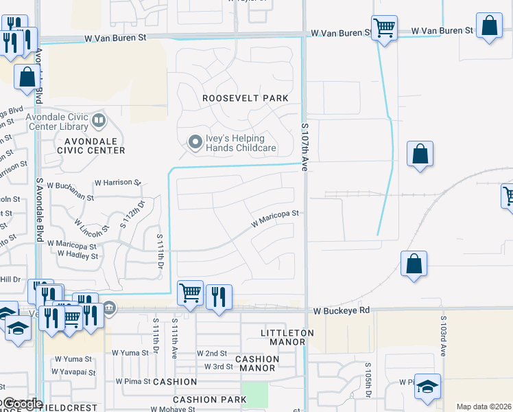 map of restaurants, bars, coffee shops, grocery stores, and more near 10834 West Grant Street in Avondale