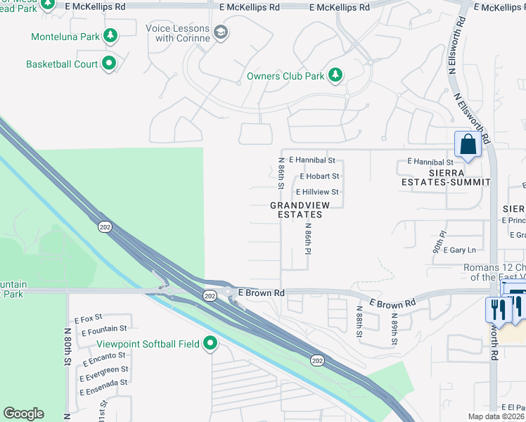 map of restaurants, bars, coffee shops, grocery stores, and more near 8533 East Halifax Circle in Mesa
