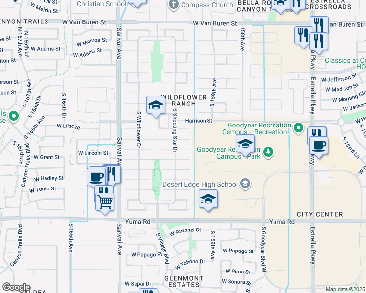map of restaurants, bars, coffee shops, grocery stores, and more near 16058 West Lincoln Street in Goodyear
