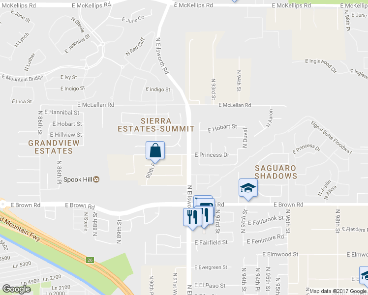 map of restaurants, bars, coffee shops, grocery stores, and more near 1417 North Sierra Heights Circle in Mesa