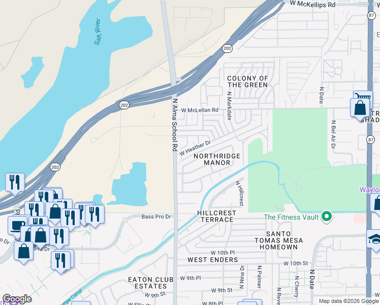 map of restaurants, bars, coffee shops, grocery stores, and more near 1125 West Heather Drive in Mesa