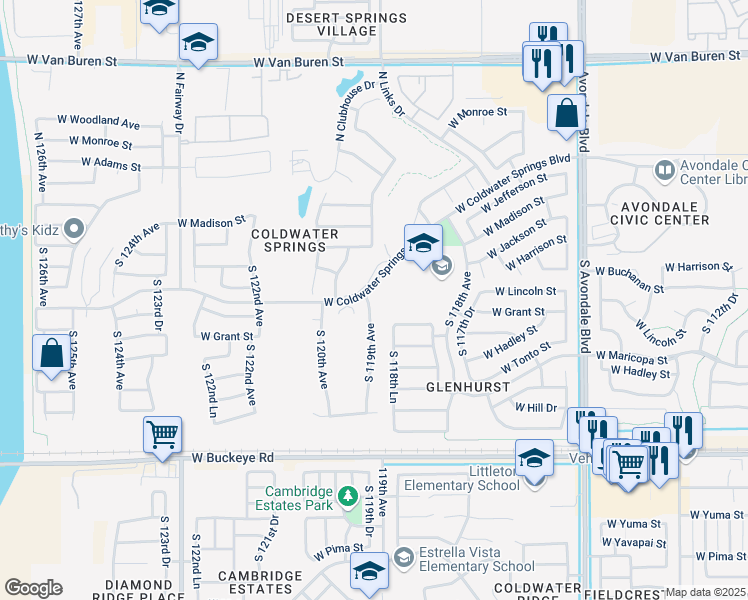 map of restaurants, bars, coffee shops, grocery stores, and more near 405 South 119th Avenue in Avondale