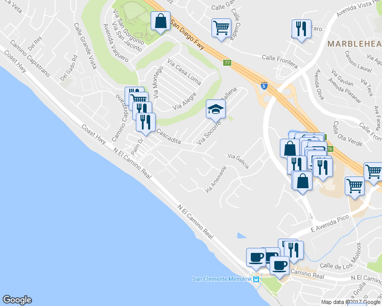 map of restaurants, bars, coffee shops, grocery stores, and more near 441 Camino San Clemente in San Clemente
