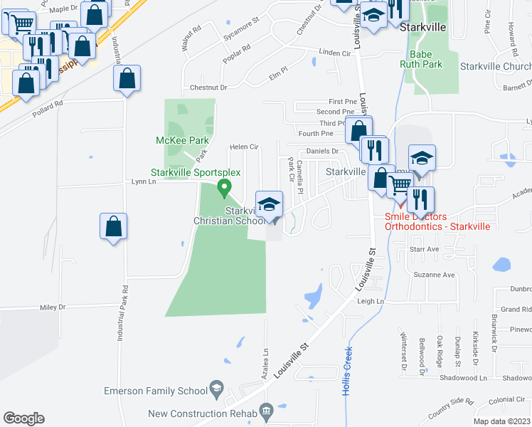 map of restaurants, bars, coffee shops, grocery stores, and more near 100 Helen Circle in Starkville