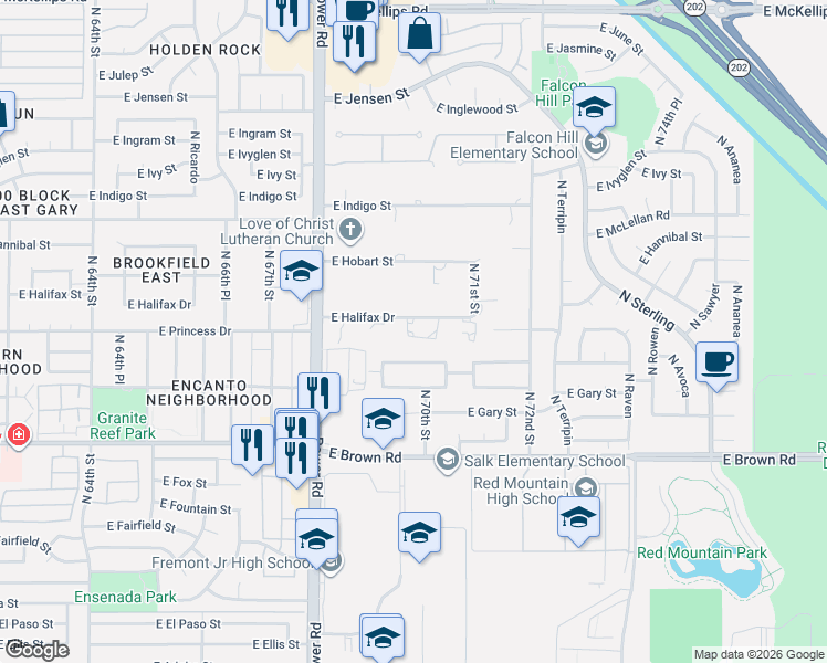 map of restaurants, bars, coffee shops, grocery stores, and more near 6935 East Halifax Drive in Mesa
