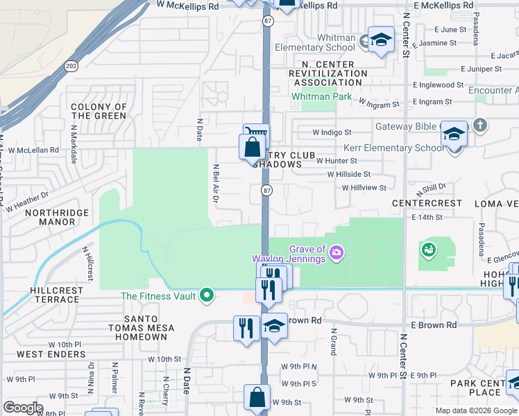 map of restaurants, bars, coffee shops, grocery stores, and more near 1418 North Country Club Drive in Mesa