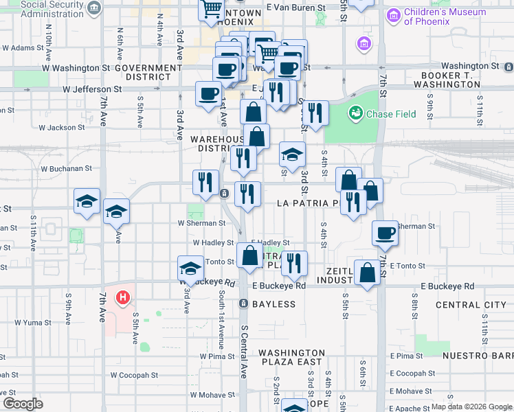 map of restaurants, bars, coffee shops, grocery stores, and more near 702 South 1st Street in Phoenix