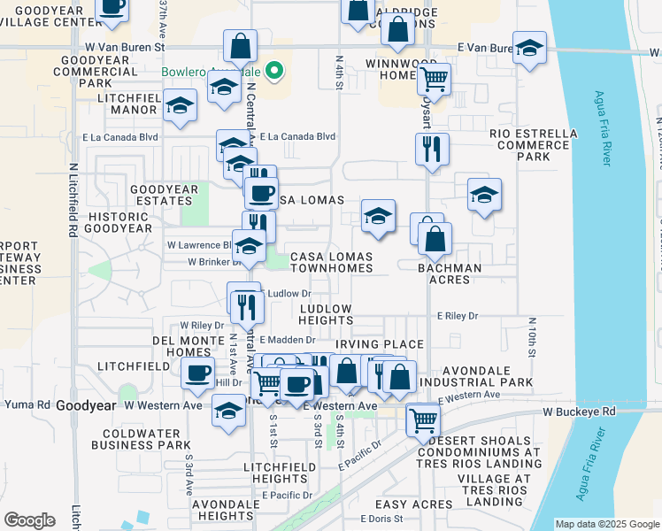 map of restaurants, bars, coffee shops, grocery stores, and more near 601 North 4th Street in Avondale