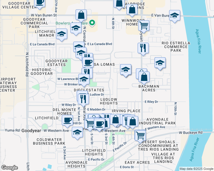map of restaurants, bars, coffee shops, grocery stores, and more near 207 East Lawrence Boulevard in Avondale