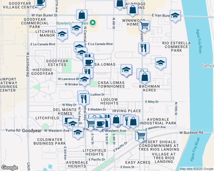 map of restaurants, bars, coffee shops, grocery stores, and more near 207 East Lawrence Boulevard in Avondale