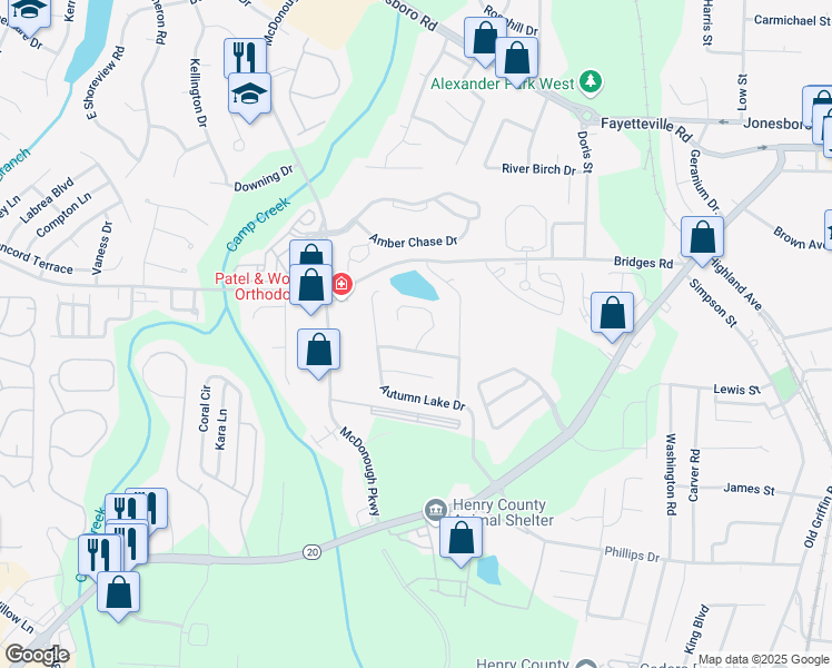 map of restaurants, bars, coffee shops, grocery stores, and more near 505 Lakecourt Drive in McDonough