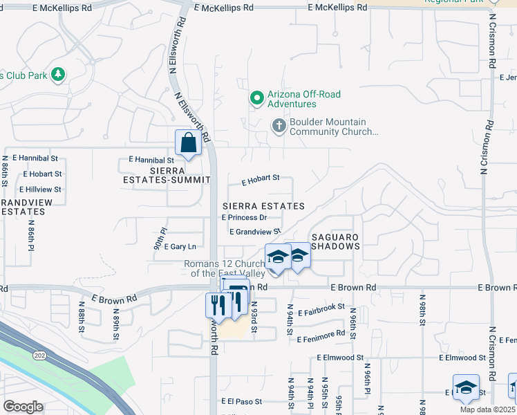 map of restaurants, bars, coffee shops, grocery stores, and more near 1418 N Compton Cir in Mesa