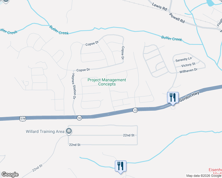 map of restaurants, bars, coffee shops, grocery stores, and more near 445 Furlough Drive in Augusta