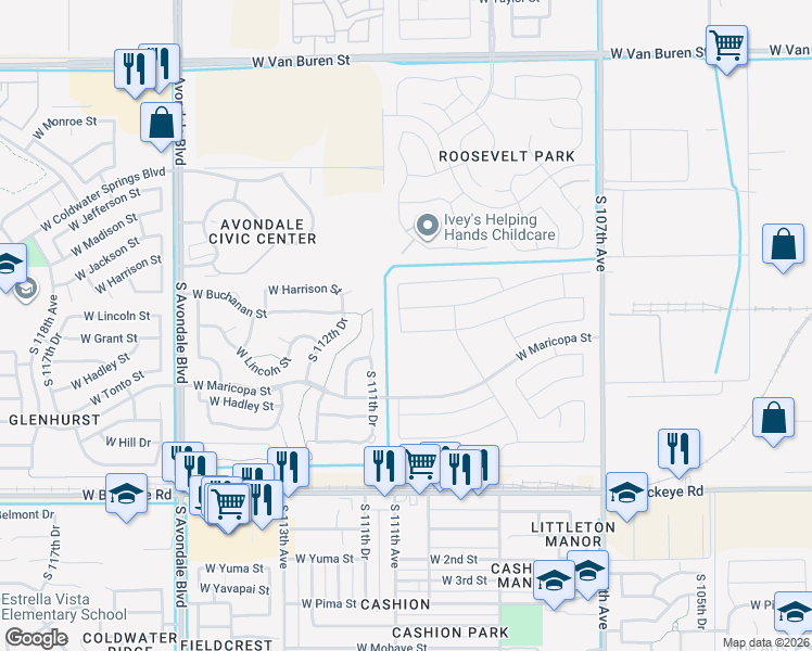 map of restaurants, bars, coffee shops, grocery stores, and more near 11030 West Lincoln Street in Avondale