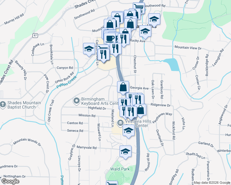map of restaurants, bars, coffee shops, grocery stores, and more near 1016 Vestavia Manor Drive in Vestavia Hills