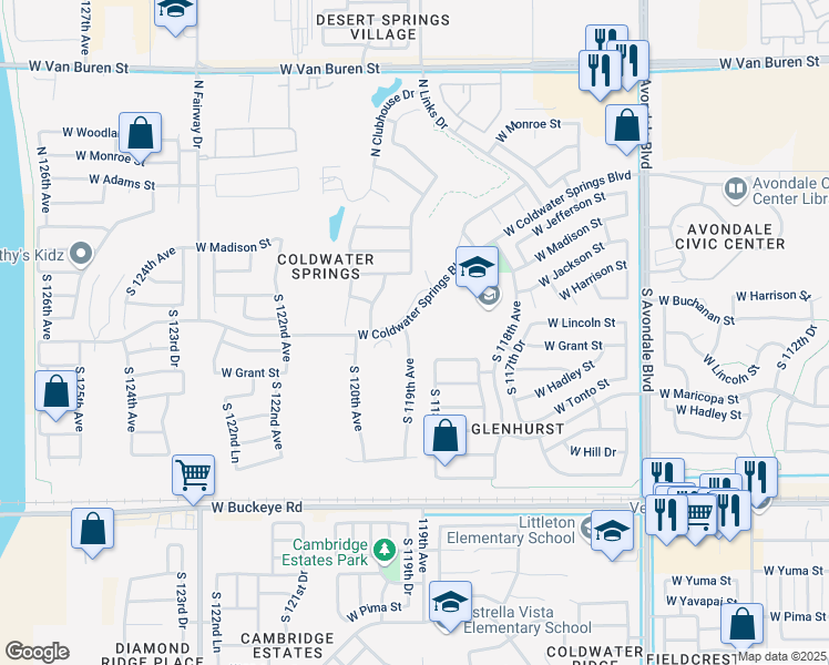 map of restaurants, bars, coffee shops, grocery stores, and more near 405 South 119th Avenue in Avondale