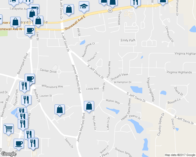 map of restaurants, bars, coffee shops, grocery stores, and more near 525 South Jeff Davis Drive in Fayetteville