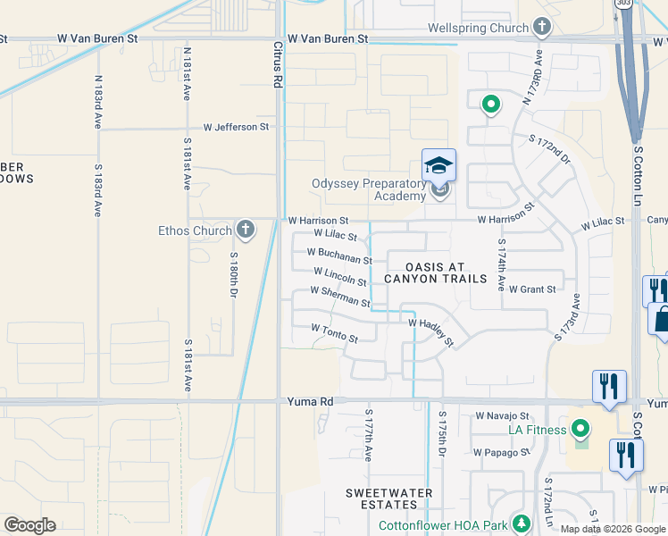 map of restaurants, bars, coffee shops, grocery stores, and more near 17818 West Lincoln Street in Goodyear