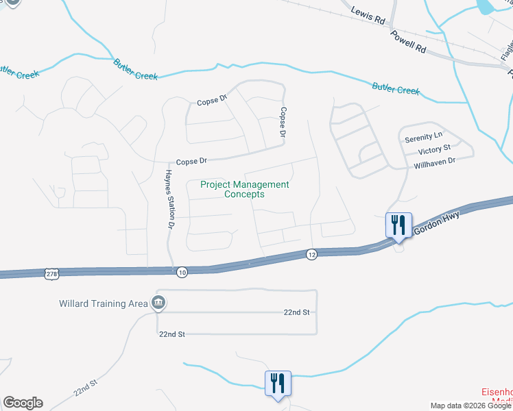 map of restaurants, bars, coffee shops, grocery stores, and more near 445 Furlough Drive in Augusta