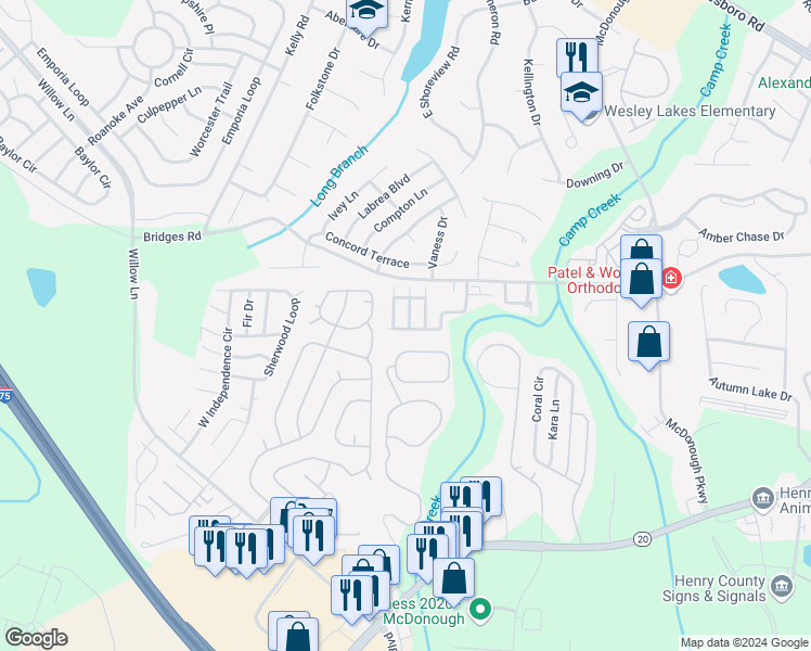 map of restaurants, bars, coffee shops, grocery stores, and more near 501 Epris Lane in McDonough