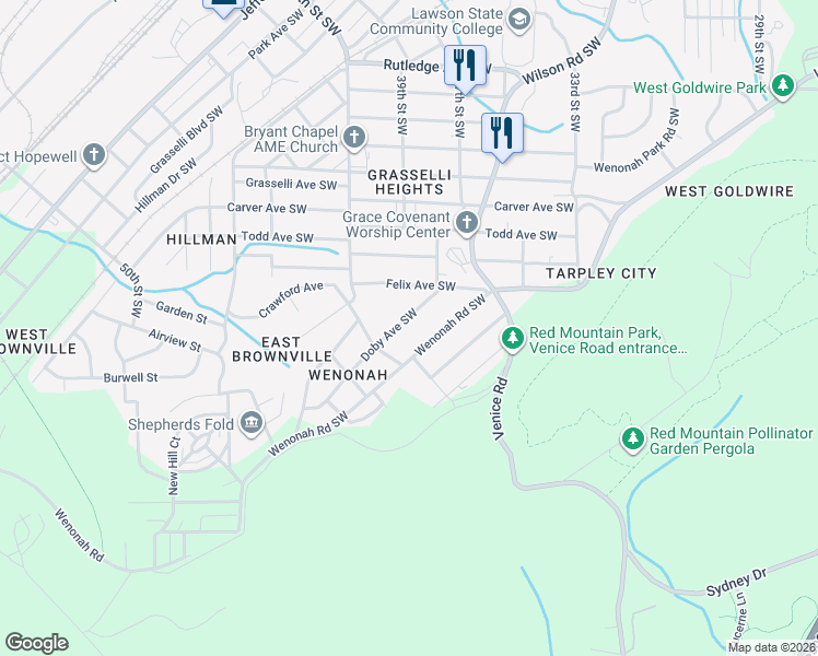 map of restaurants, bars, coffee shops, grocery stores, and more near 3631 Doby Avenue Southwest in Birmingham